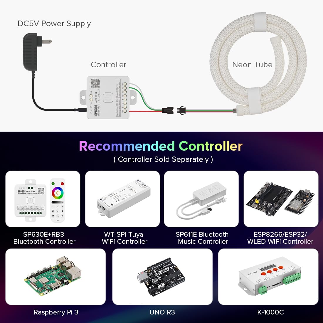 BTF-LIGHTING WS2811 RGB adressierbare 360 Grad Neon LED Tube Kits 5M 50LEDs/M 5V IP67 Rund Netzförmig Flexibel LED Strip mit SP611E Blue-tooth Controller Traum Farb APP Kontrol(Nciht inhalt Netzteil)