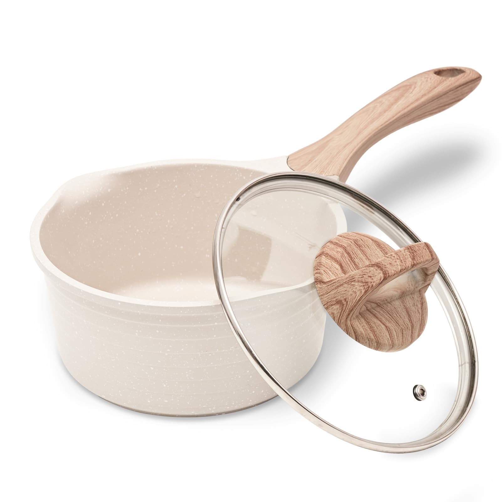JEETEE Kookpan 18 cm, 2 liter kookpannen met deksel, melkpan met hittebestendige handgreep en schenktuit, granieten antiaanbakpan, inductie, steelpan, geschikt voor alle fornuizen, beige