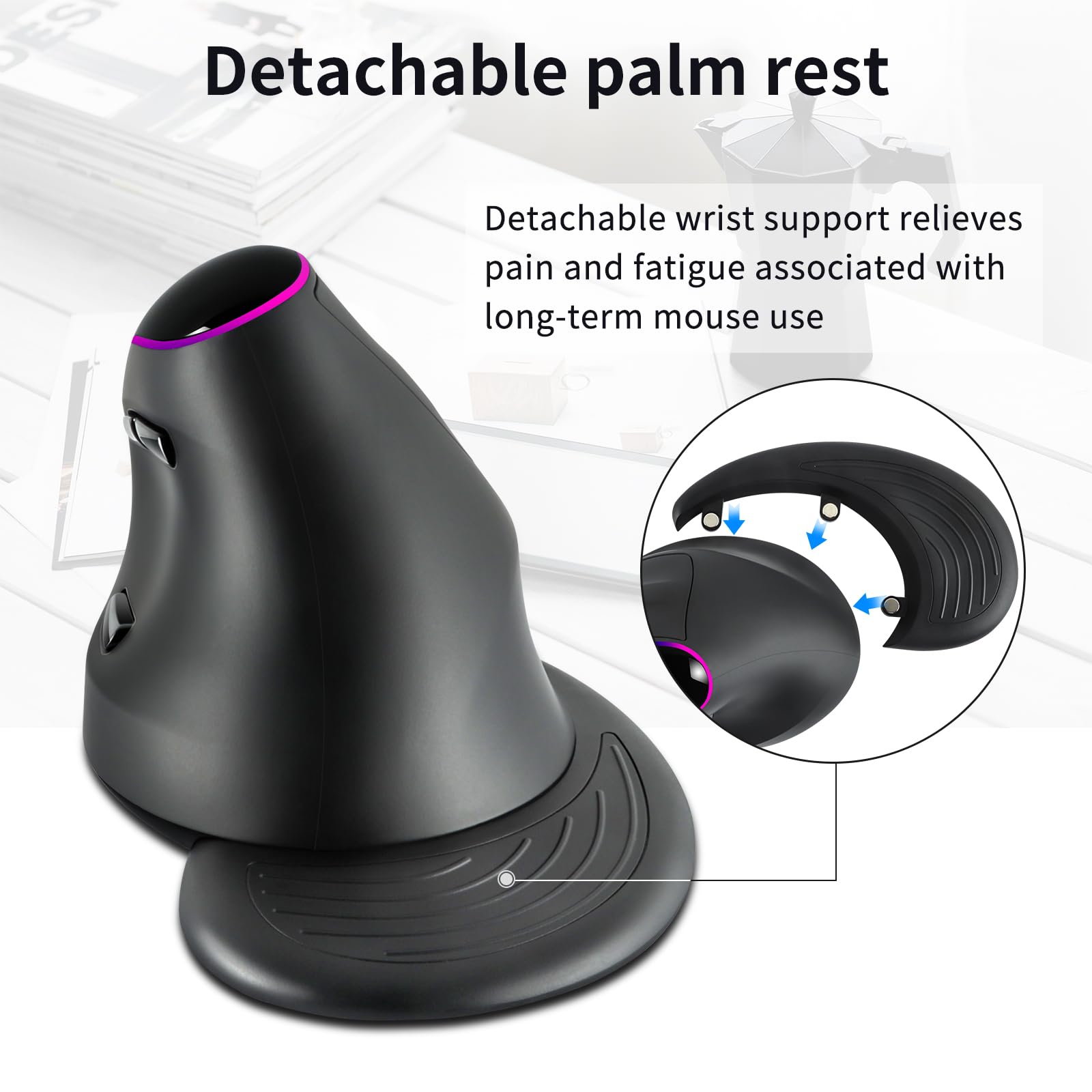 Mouse wireless 2.4G Mouse ergonomico Mouse ottico ricaricabile Mouse verticale RGB con 6 pulsanti Poggiapolsi rimovibile Mouse per computer cordless per PC Laptop Desktop