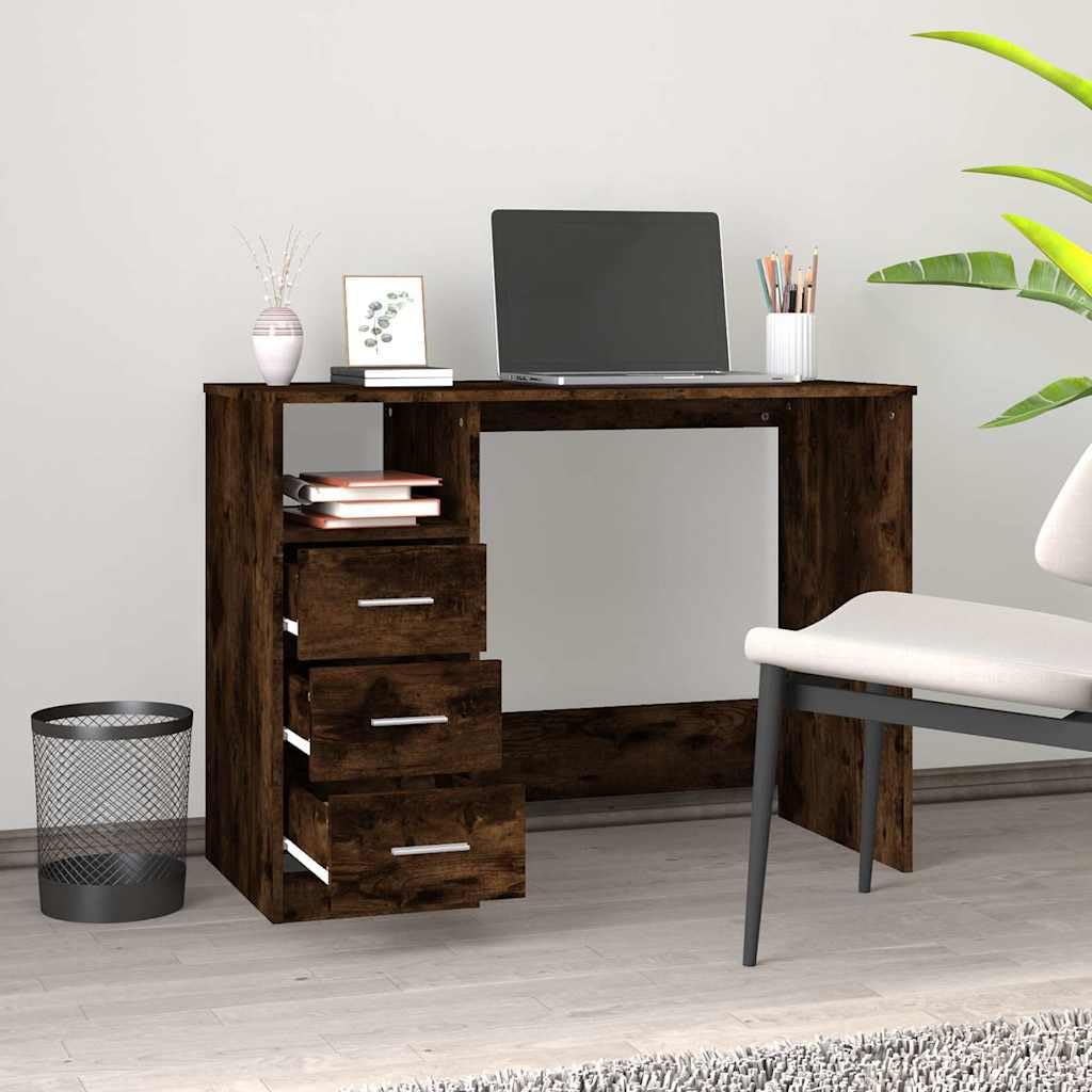 Biurko z szufladami dąb wędzony materiał drewnopochodny 102 x 50 x 76 cm, biurko komputerowe, miejsce do pracy, do domu, gabinetu, z miejscem do przechowywania i otwartą półką na wyposażenie
