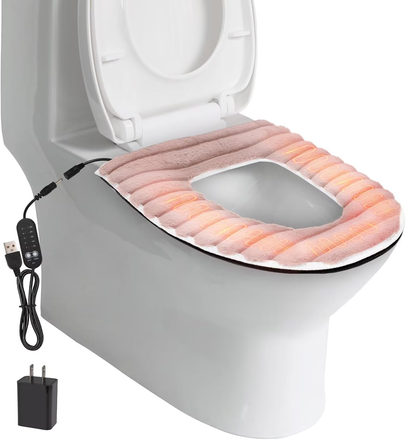 Heated Toilet Seat Cover,USB Powered Toilet Seat Warmer with Charger,5-Speed Adjustable Temperature and Timing Function,Levels Toilet Seat Cover with Soft Plush Fabric,Easy To Clean (Pink)