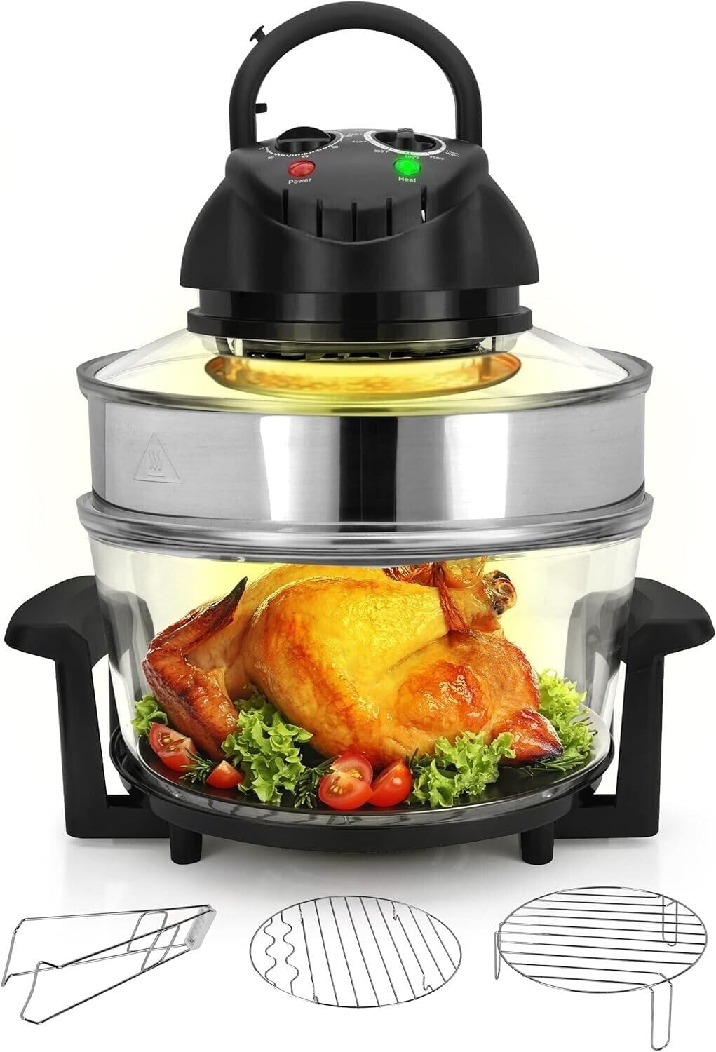 nutrichef 18 quart convection countertop air fryer - see through glass for best cooking results - air fryer, roaster, bake, grill, steam & roast - includes glass bowl, broil rack & toasting rack