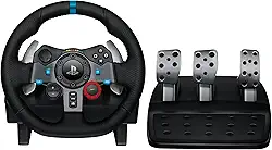 Logitech G Volante de corrida e pedais de chão 29 Driving Force, feedback de força real, câmbio de aço inoxidável, capa de volante de couro para PS5, PS4, PC, Mac - Preto