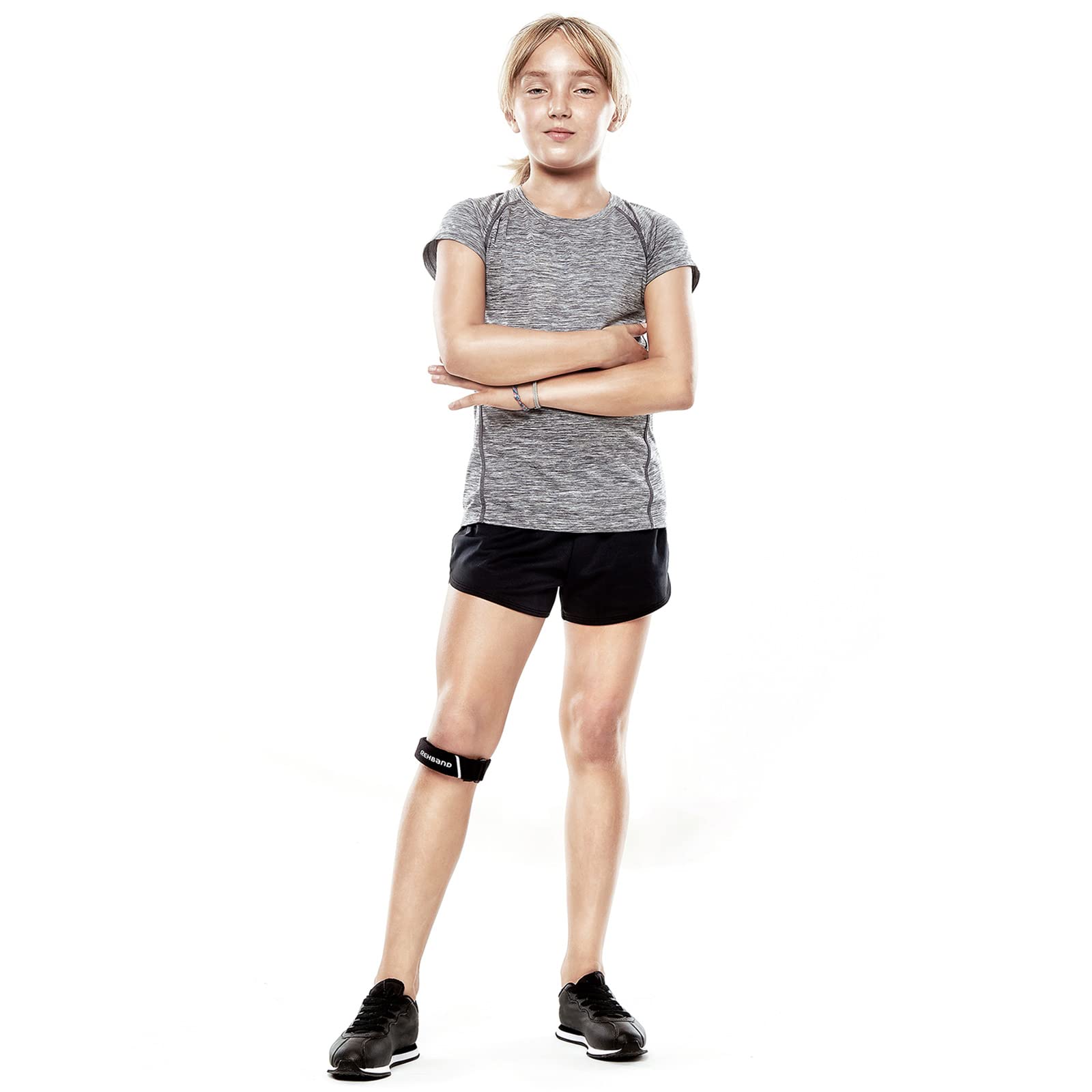Rehband UD rodillera para niños - Soporte de rótula con almohadilla de presión, banda para el tendón rotuliano infantil para fútbol, running, balonmano y tenis, Color:Negro - 1 Par,Talla única