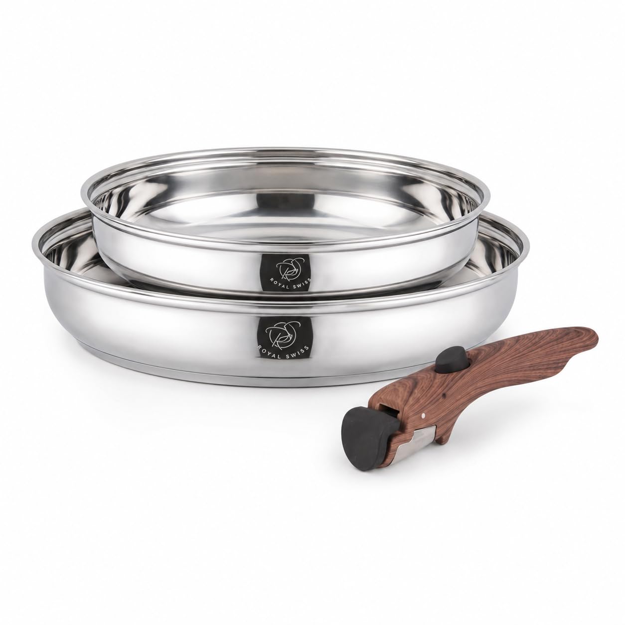 Royal Swiss® Premium Edelstahl Pfannen Set – 3-teilig (24 & 28 cm) mit Abnehmbarem Griff – Induktion & Alle Herdarten – Platzsparendes Stapelsystem – Profi Kochgeschirr – PFOA-frei – Silber