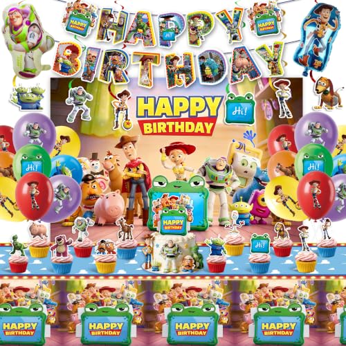 Toy Story 5 Birthday Decorations 66PCS Set - Includes Backdrop Happy Birthday Banner Tablecloth 18 Balloons 24 Cupcake Toppers Cake Topper & Hanging Swirls for Boys Girls Kids Birthday Party