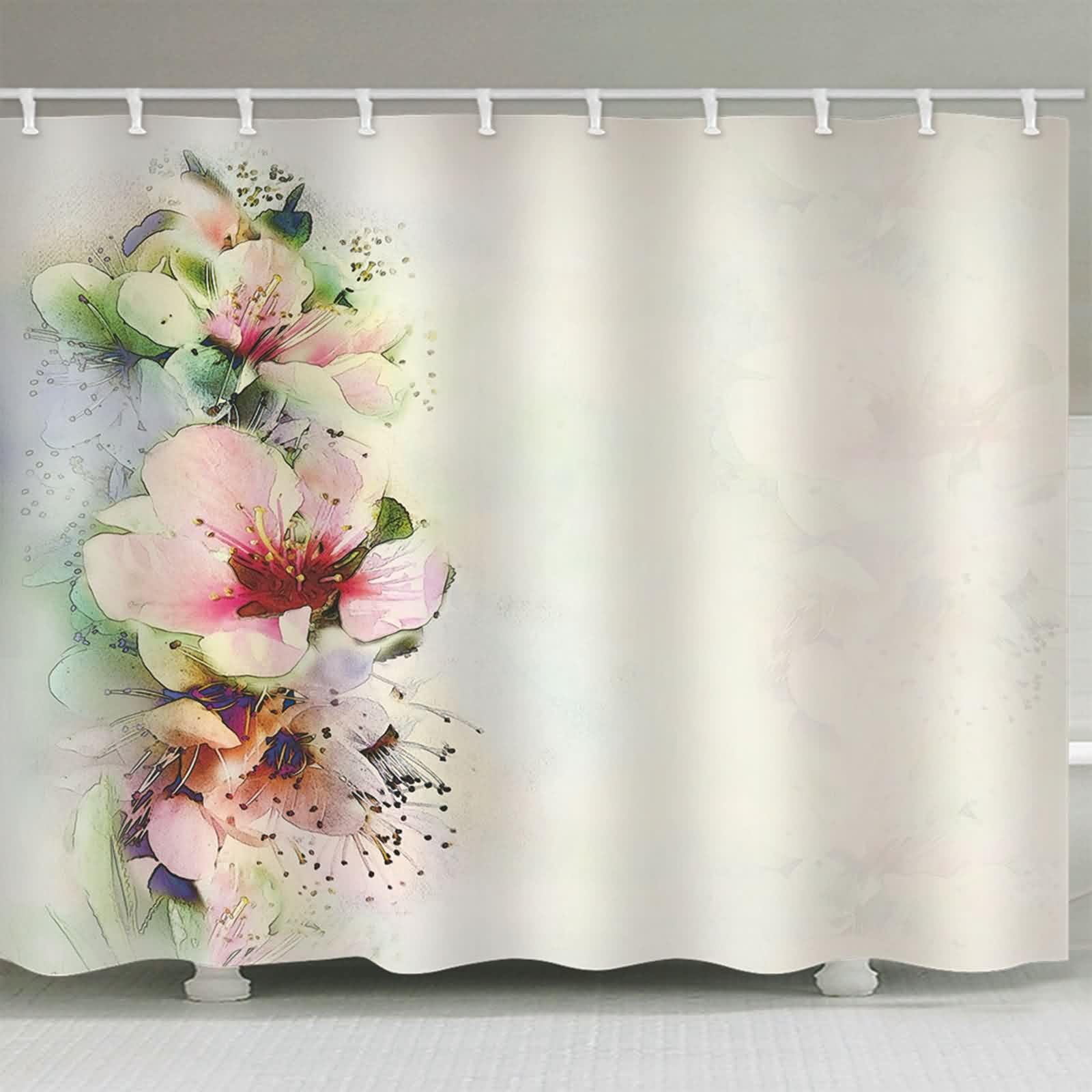 Duschvorhang Wasserdicht Textil Stoff Weiß, Blumen Muster Badvorhang Polyester Anti-Schimmel Schnell Trocknend mit Duschvorhangringen