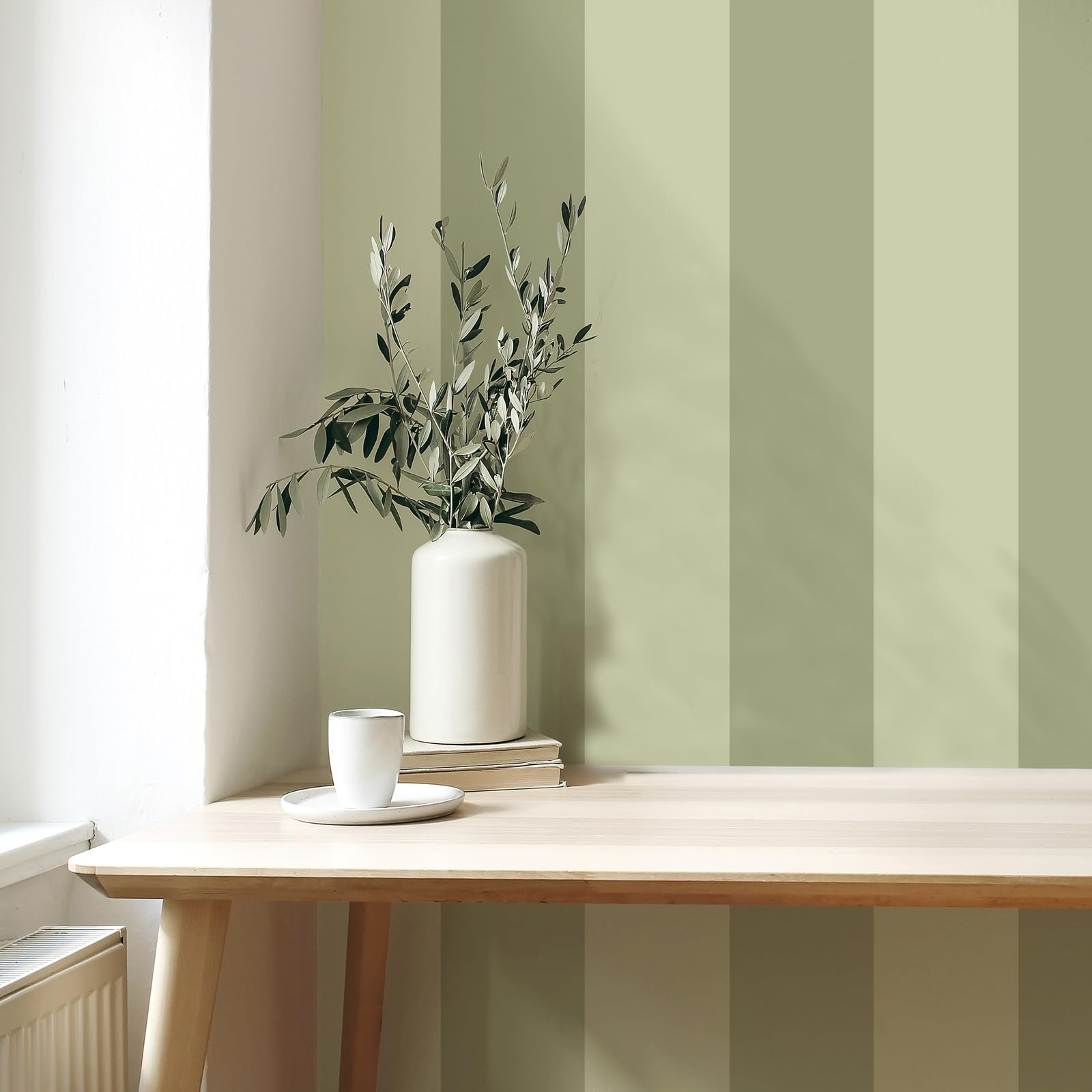 SOPHIE LAURENCE Stripe Wallpaper Sage Green Olive Feature Wall Smooth Finish Retro Quality Bedroom Hallway Living Room
