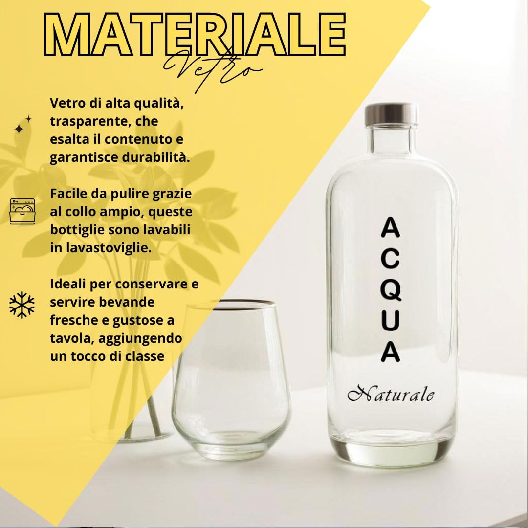 Juego de 4 botellas de cristal modelo Artemide, 1 litro, serigrafía 4 natural, tapón de rosca color plata | Botella de cristal agua
