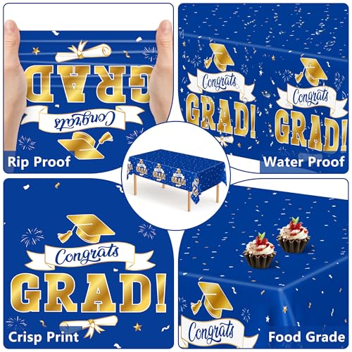 Image of 2Pack 2026 Graduation Decorations, 108 inch X 54 inch Graduation Tablecloth, Bluegold Disposable Table Cover for Grad Party Favors Supplies, Rectangle Plastic Tablecover for Class 2026 Congrats Grad for Kids