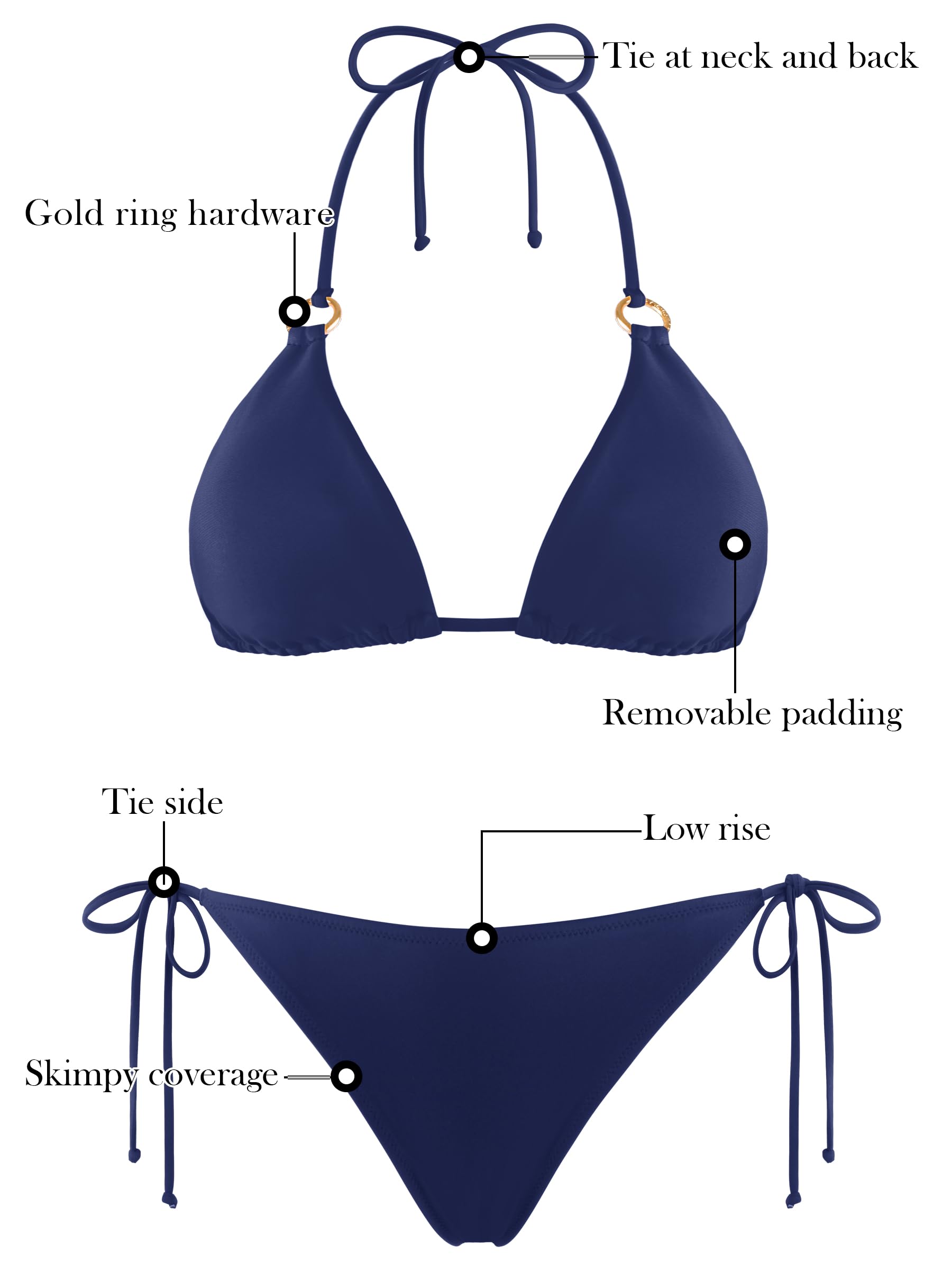 RELLECIGA Women's Navy Blue Brazilian Bikinis Halter String Triangle Top with Cheeky Bikini Bottom Size Small