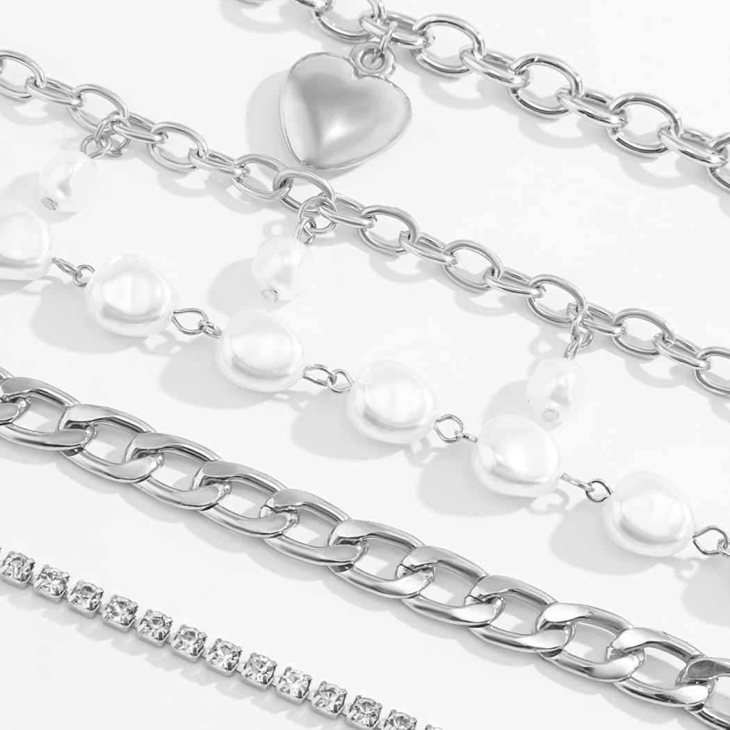 Fashion Layered Gold Pearls Bracelets Set for Women Chunky Cuban Link Chain Bangles Boho Adjustable Rhinestone Heart Bracelets Jewelry Gift - Image 7