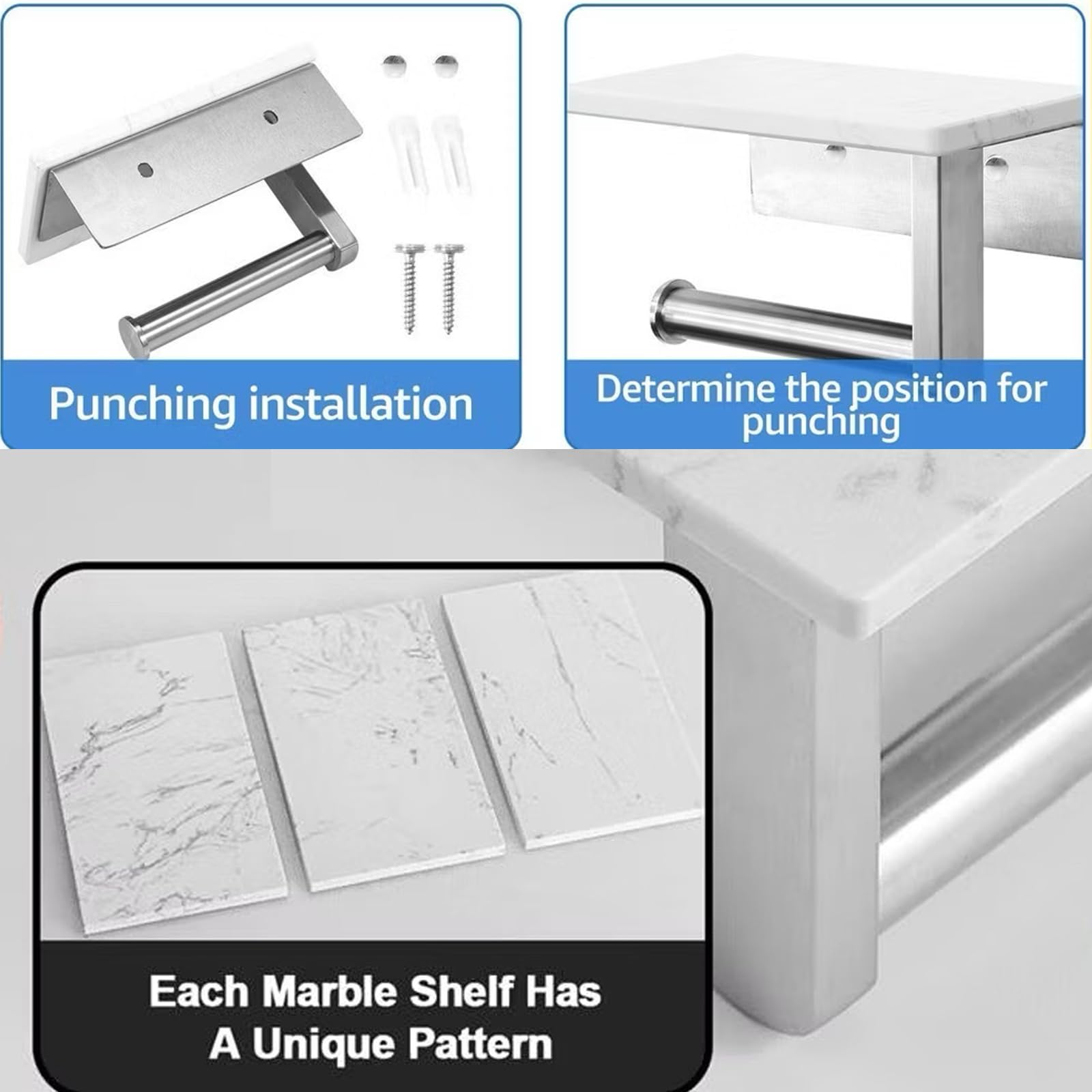 Soporte de papel higiénico de níquel cepillado montado en la pared con estante de mármol, soporte para rollo de papel de papel higiénico de acero inoxidable 304 para baño y baño, soporte de papel 4