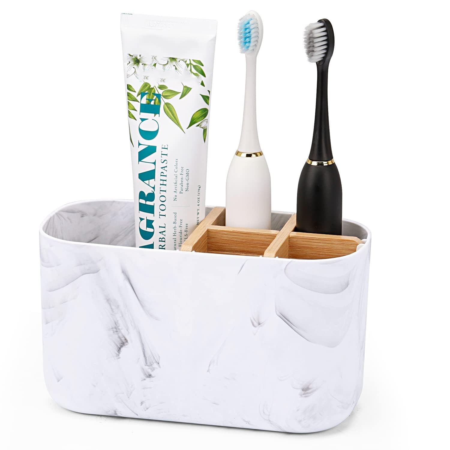 Xygobla White Bamboo Toothbrush Holder,5 Slots Toothbrush Caddy Organizer For Bathroom With Detachable Bamboo Divider Kids Electric Toothbrush And Toothpaste Holder Razor Storage Caddy For Bathroom Kitchen