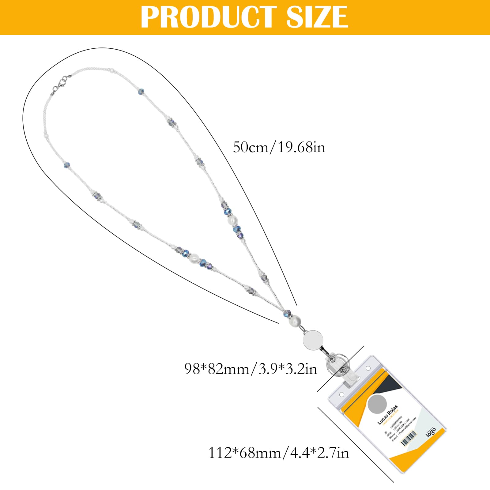 Catena porta badge per dipendenti con cristalli e perle, Lanyard con titolare del badge