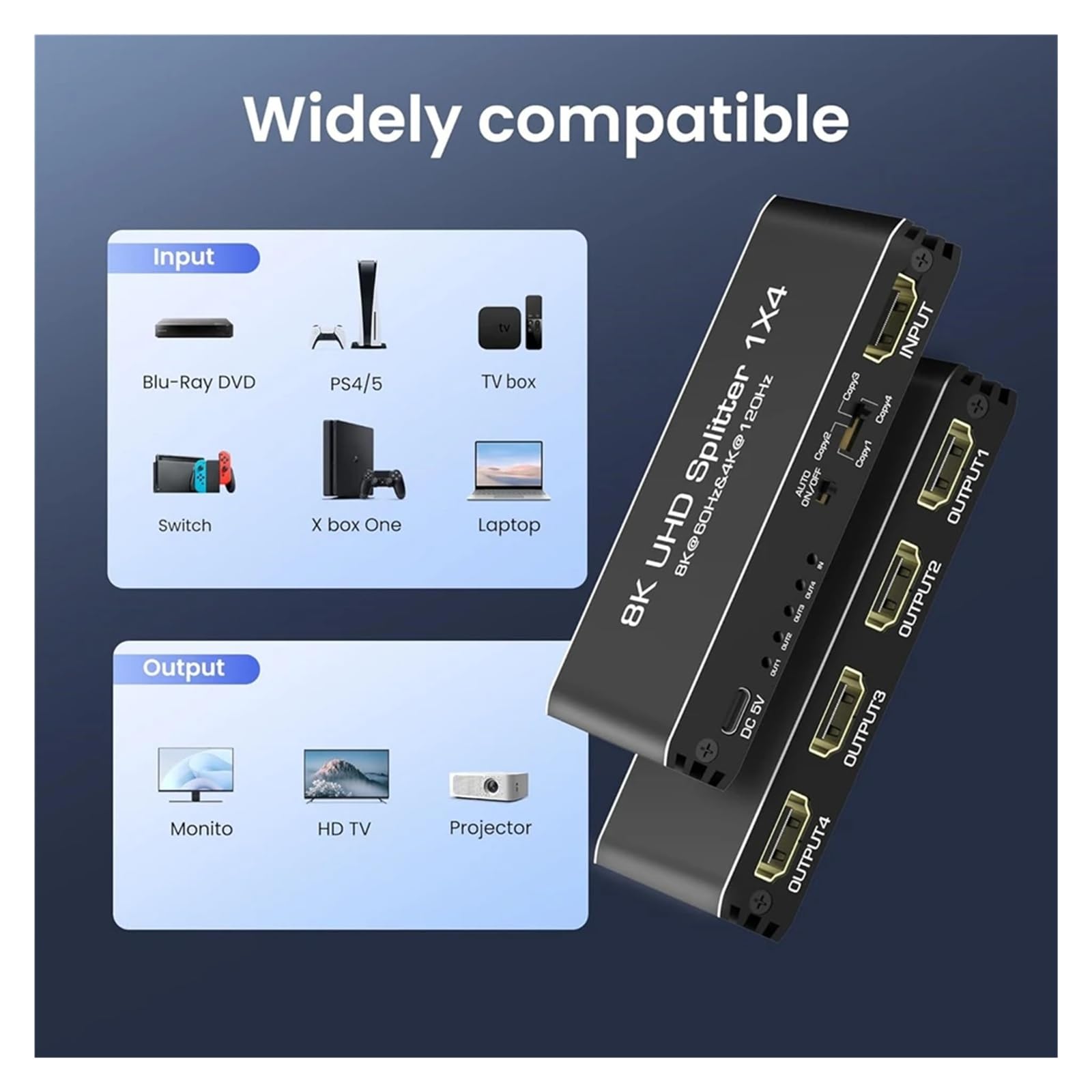 8K 60Hz Splitter 4 Outputs 4K 120Hz HDR 2.1 In Out Screens For Computer PS5 TV