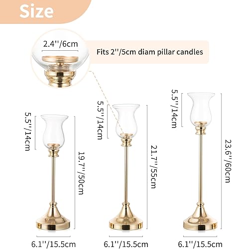 Miniatura 5 de NUPTIO Portavelas de huracán dorados 3 piezas de portavelas de pilar de vidrio grande para centro de mesa Soporte de candelabros de metal - Jarrón