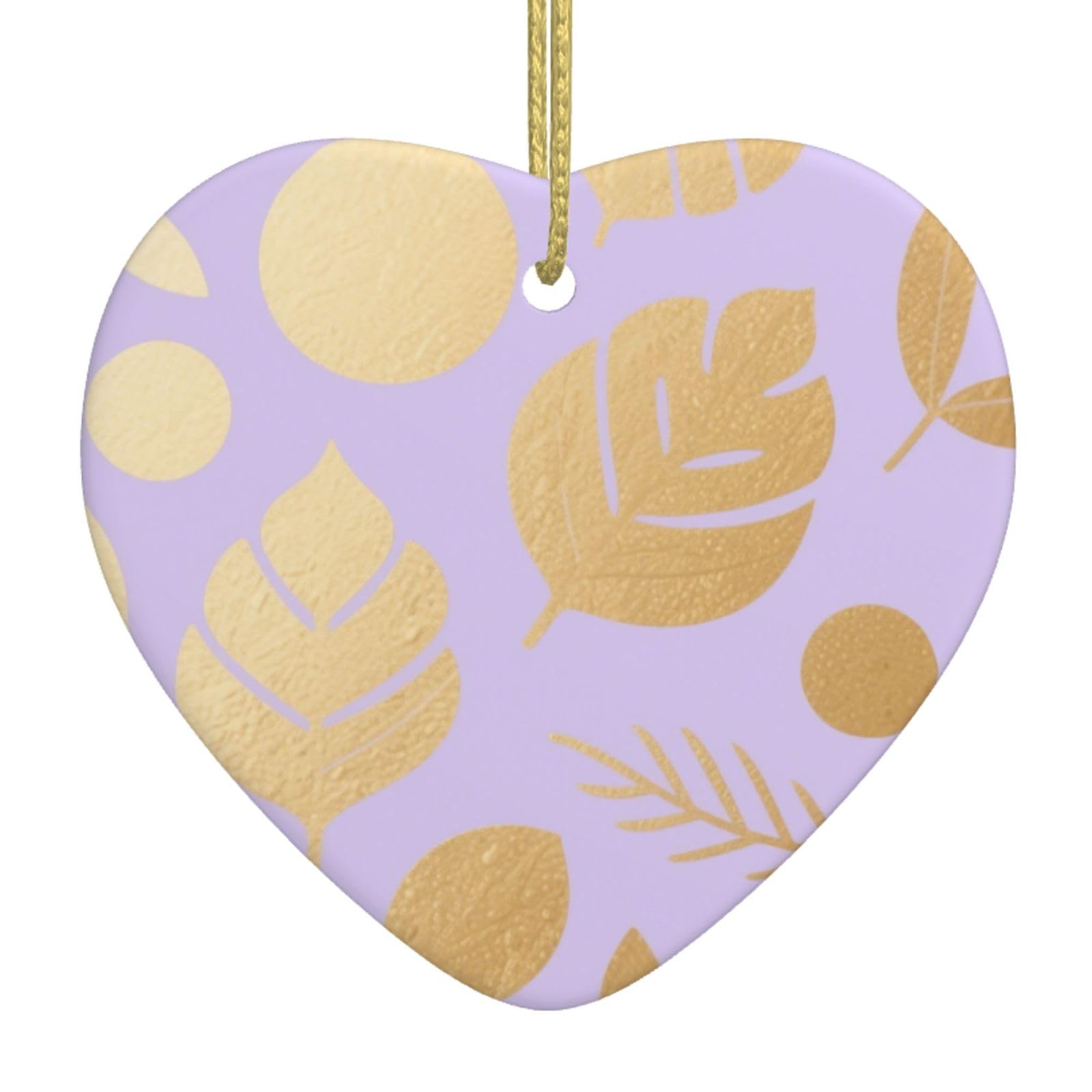 Leaf Print Pattern Christmas Ornament 2025 Heart Ceramic Hanging Ornaments for Home Decor Christmas Decorations with Gold Rope Double-Sided Xmas Tree Ceramic Hanging for Holiday Party