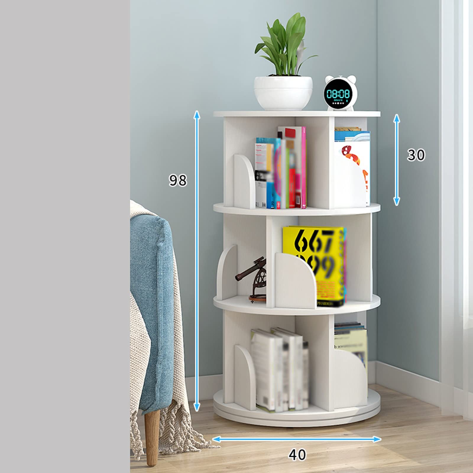 Estante giratorio de 360 grados de suelo a techo para libros de imágenes infantiles - Pequeña biblioteca blanca - Estante de almacenamiento para libros de bebé (40 x 98 cm)