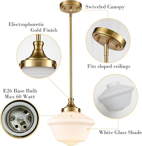 Miniatura 3 de SAMTEEN Moderna lámpara colgante dorada de 10 pulgadas, lámpara colgante de vidrio blanco de 10 pulgadas para isla de cocina, altura ajustable, kit