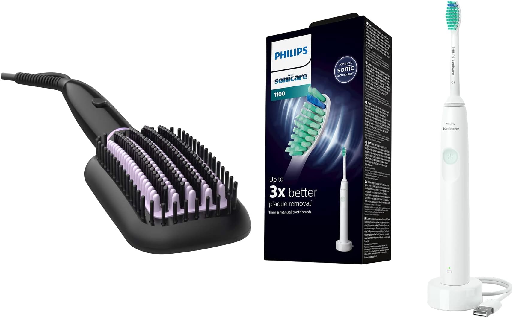 PHILIPS 50 Watt Thermo Protect Technology Heated Hair Straightening Brush & Sonicare Electric Toothbrush 1100 Series with Sonic Technology, Up to 3x Plaque Removal, Easy Start Tech, Multicolor