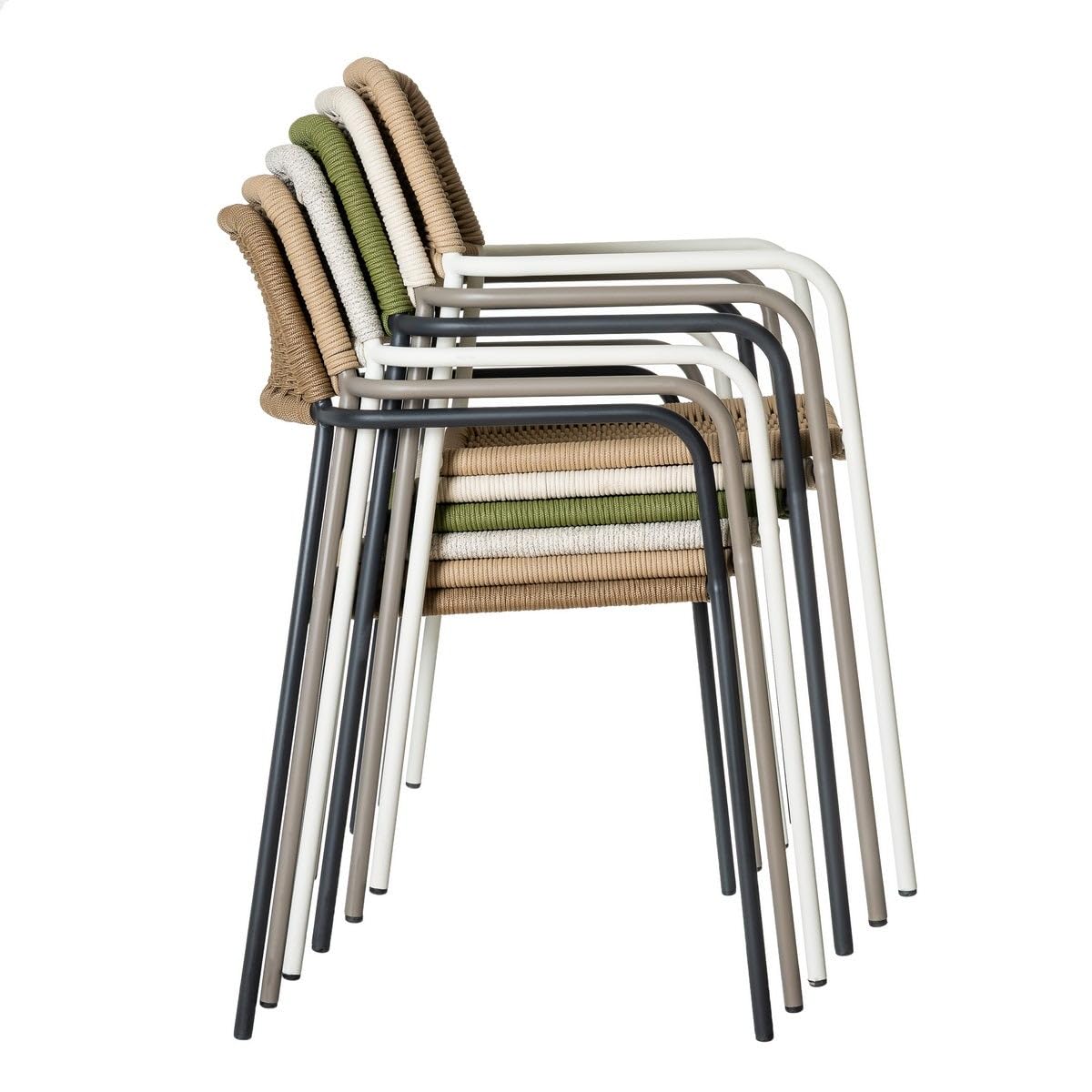 LOLAhome Pack de 4 Silla Deluxe Milos para jardín, Acero Blanco y Cuerda Trenzada Beige, 55x55x83 cm, Ergonómica y Apilable, Tratamiento Anticorrosión y Duraderas, Calidad y Diseño