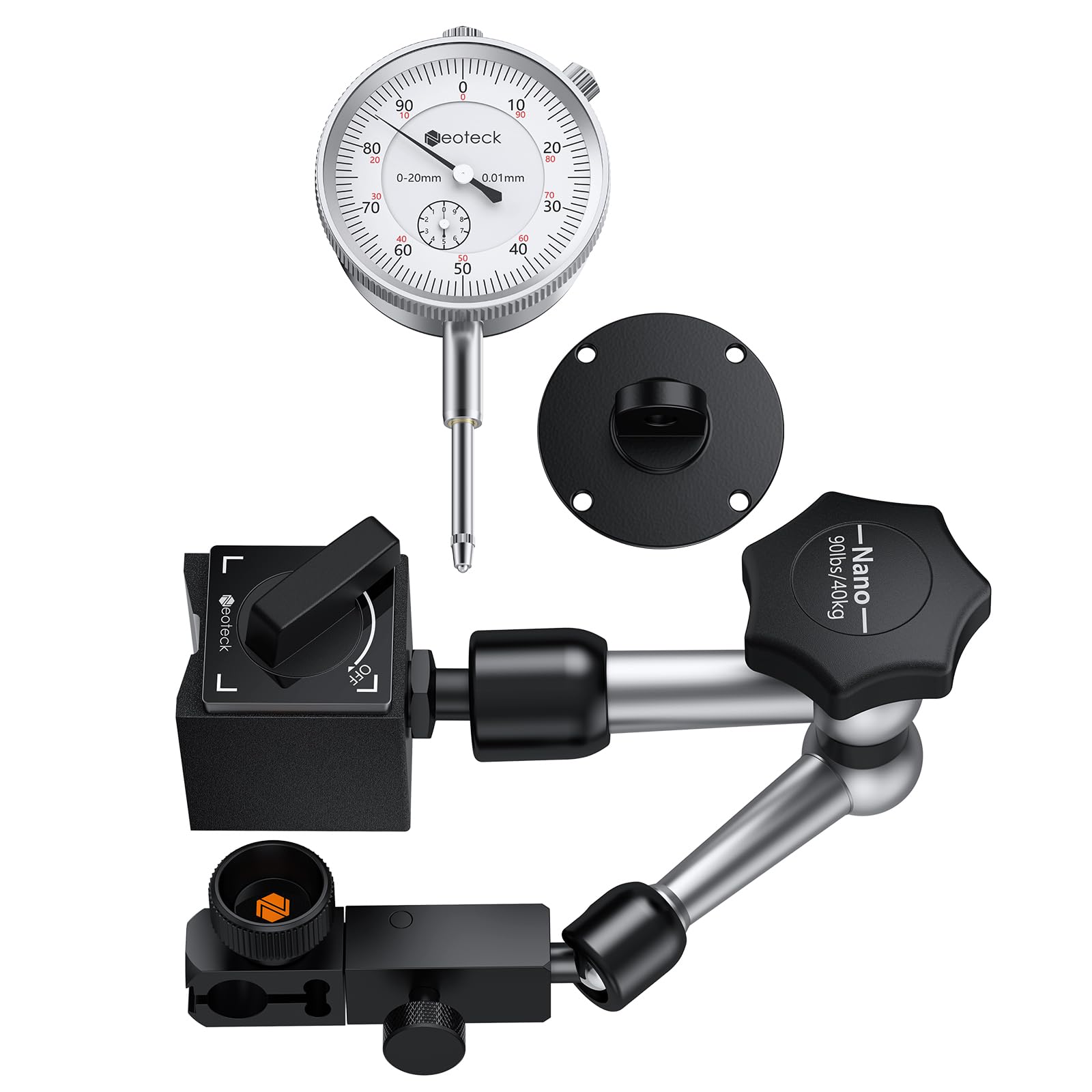 Neoteck Messuhr und Magnetfuß 20 mm Messuhren Set (0,01 mm) Messwerkzeug für Labor Werkstatt 3D Drucker - 90lbs (40kg) Max Pull