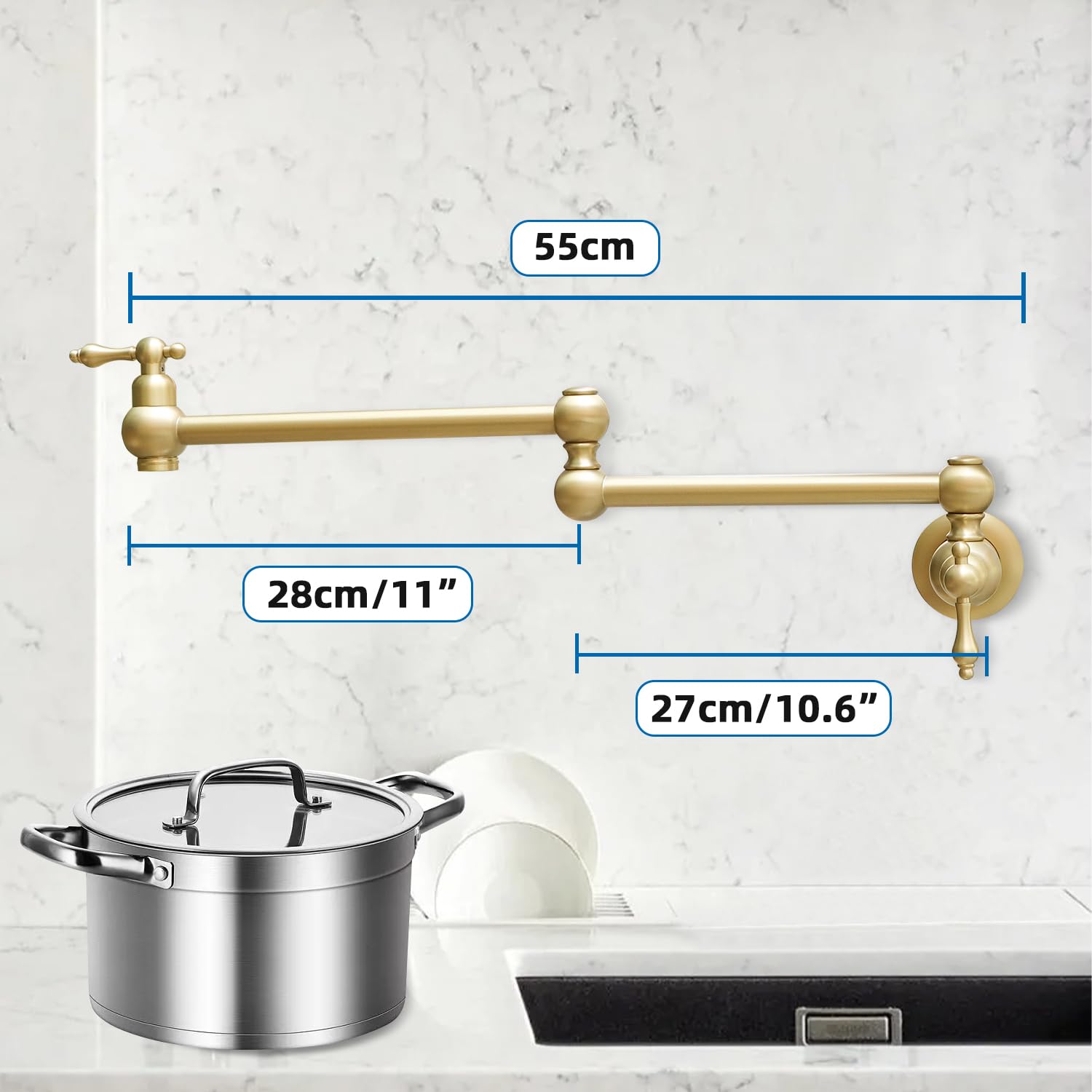 Grifo de fregadero de cocina Latón de un solo agujero dos manijas Pot Filler Grifo plegable (oro claro)