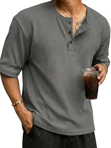 HeraDawn Men's Waffle Knit Henley Half Sleeve Tshirt for Men