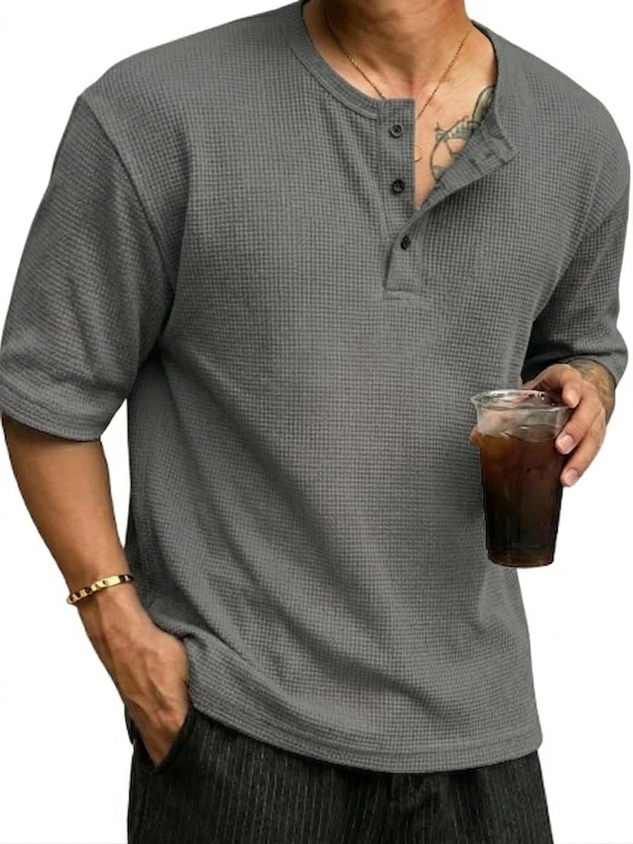 HeraDawn Men's Waffle Knit Henley Half Sleeve Tshirt for Men