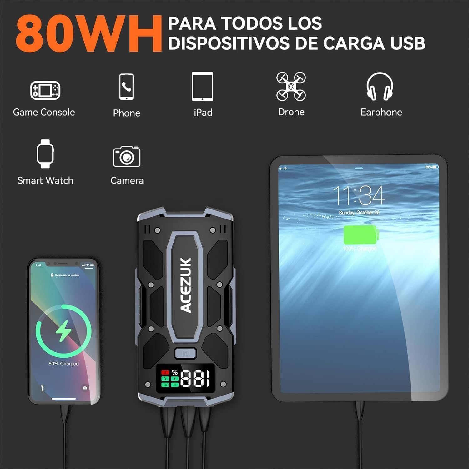 ACEZUK Arrancador de Coches 9000A, Arrancadores de Bateria de Coche Portátil(hasta 8.0L de diésel o 10.0L de Gasolina), 12V Jump Starter, Pinzas Inteligentes con Pantalla, Luz LED, Puerto QC3.0