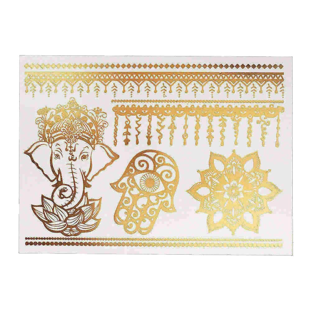 S.A.V.I 3D Temporary Tattoo Golden and Silver Metallic Sticker Heart Dream Catcher Elephant Eye Rose Flower Hand Arm Design Size 21x15cm - 1pc. (19), Gold, 2 g