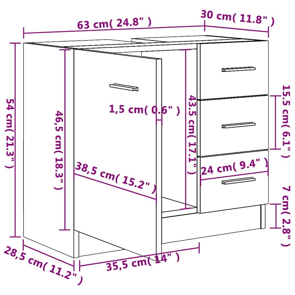 Armario para debajo del lavabo (63 x 30 x 54 cm, con 1 compartimento y 3 cajones, mueble de baño para almacenamiento y orden, montaje en pared para muebles de baño y lavabo), color blanco