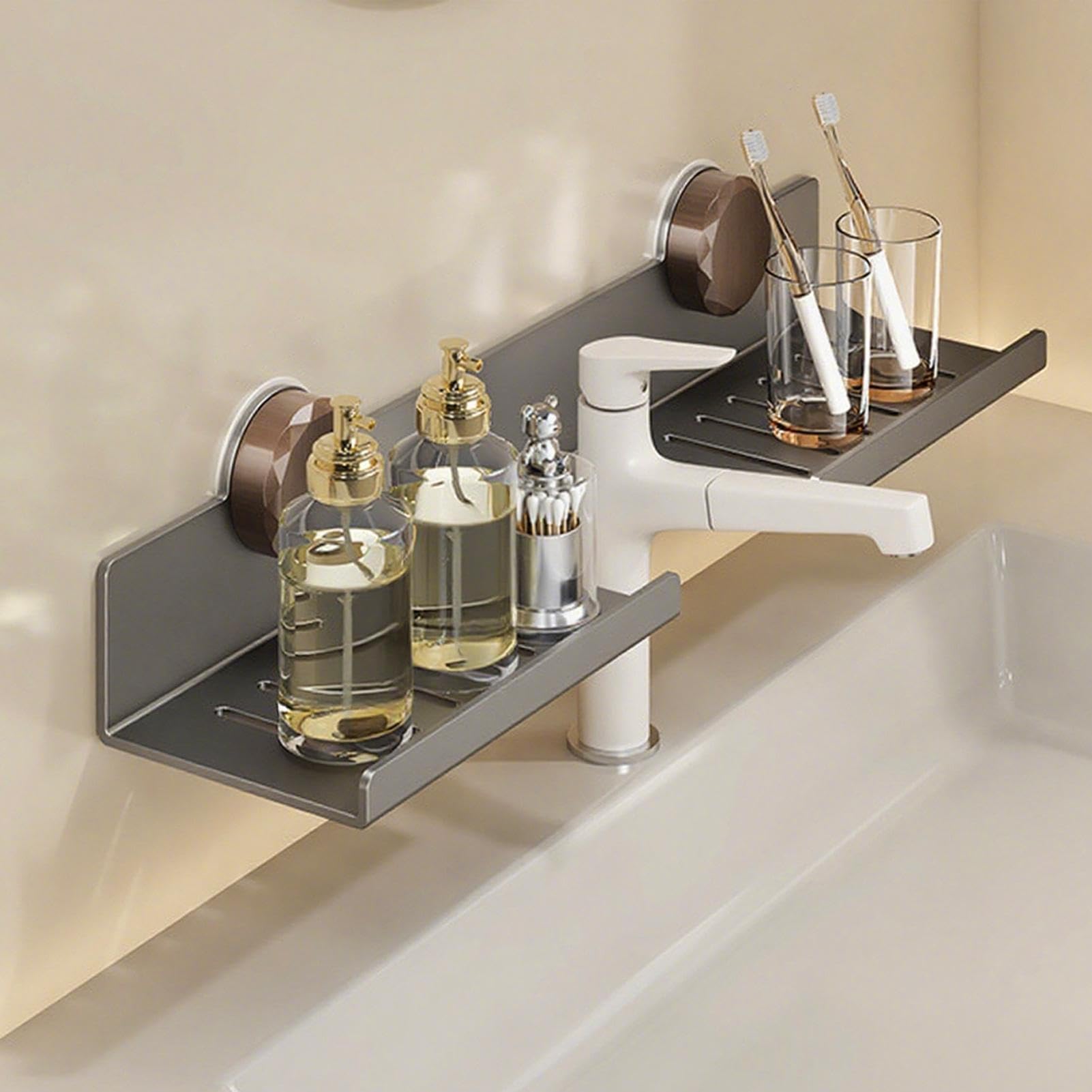 Estante de baño montado en la pared con grifo, soporte de exhibición de acero al carbono para perfume, baño, cocina, solución de almacenamiento elegante y funcional para hogares modernos