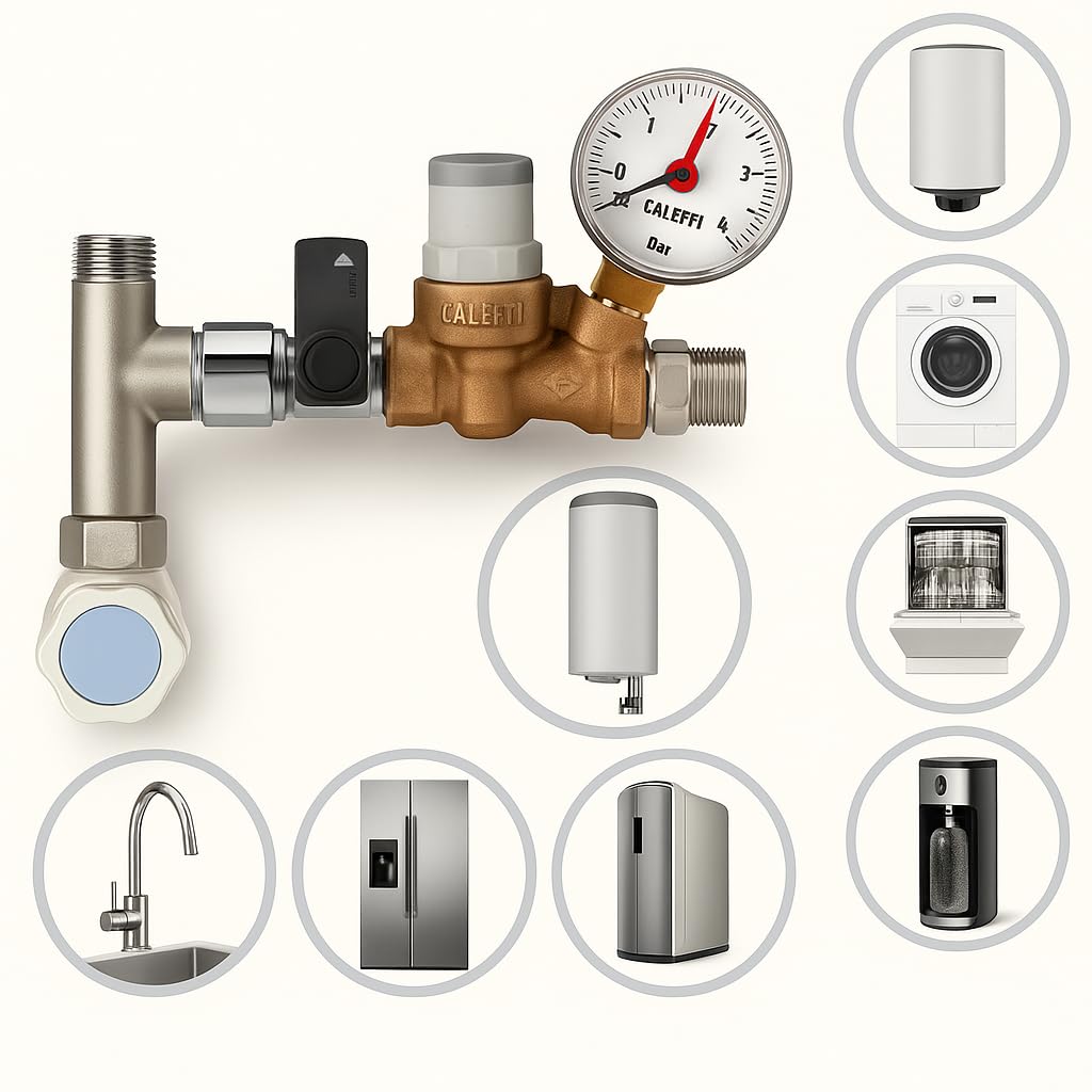 CALEFFI Mikro-Schrägsitz-Druckminderer 3/8" Zoll bis 80°C, Druckregelbereich ausgangsseitig 0,8 bis 4 bar (Mit Manometer)