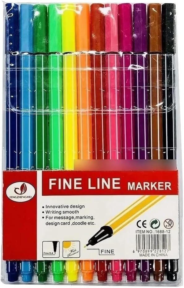 Kit 12 Canetas Hidrográficas Ponta Fina 0.4mm Fine Line Tinta e Parte Exterior Colorida