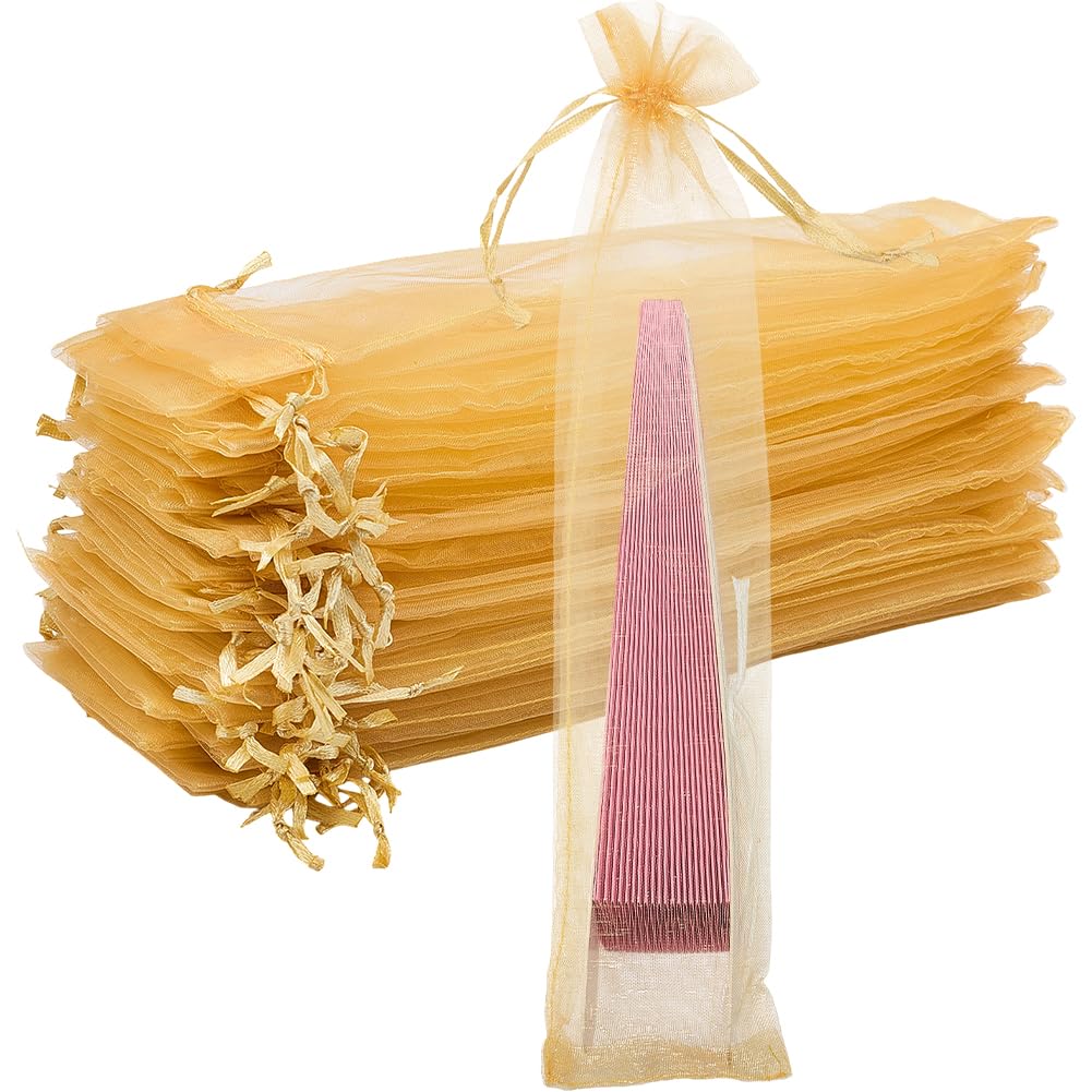 GORGECRAFT 100Pcs Drawstring Fan Bags 26.5x5.5cm Organza Folding Fan Present Bag Long Tulle Mesh Candy Pouches Holder Pocket for Wedding Festival Home Party Favor Gift Packaging Jewelry Storage Gold โ image 1