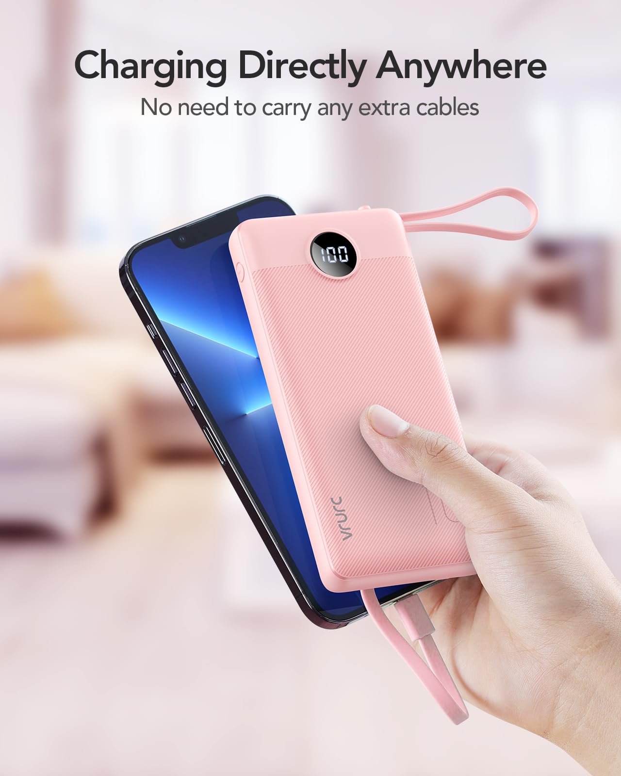 VRURC Portable Charger, Slim Power Bank Built-in 4 Cables, Travel Essential view 8