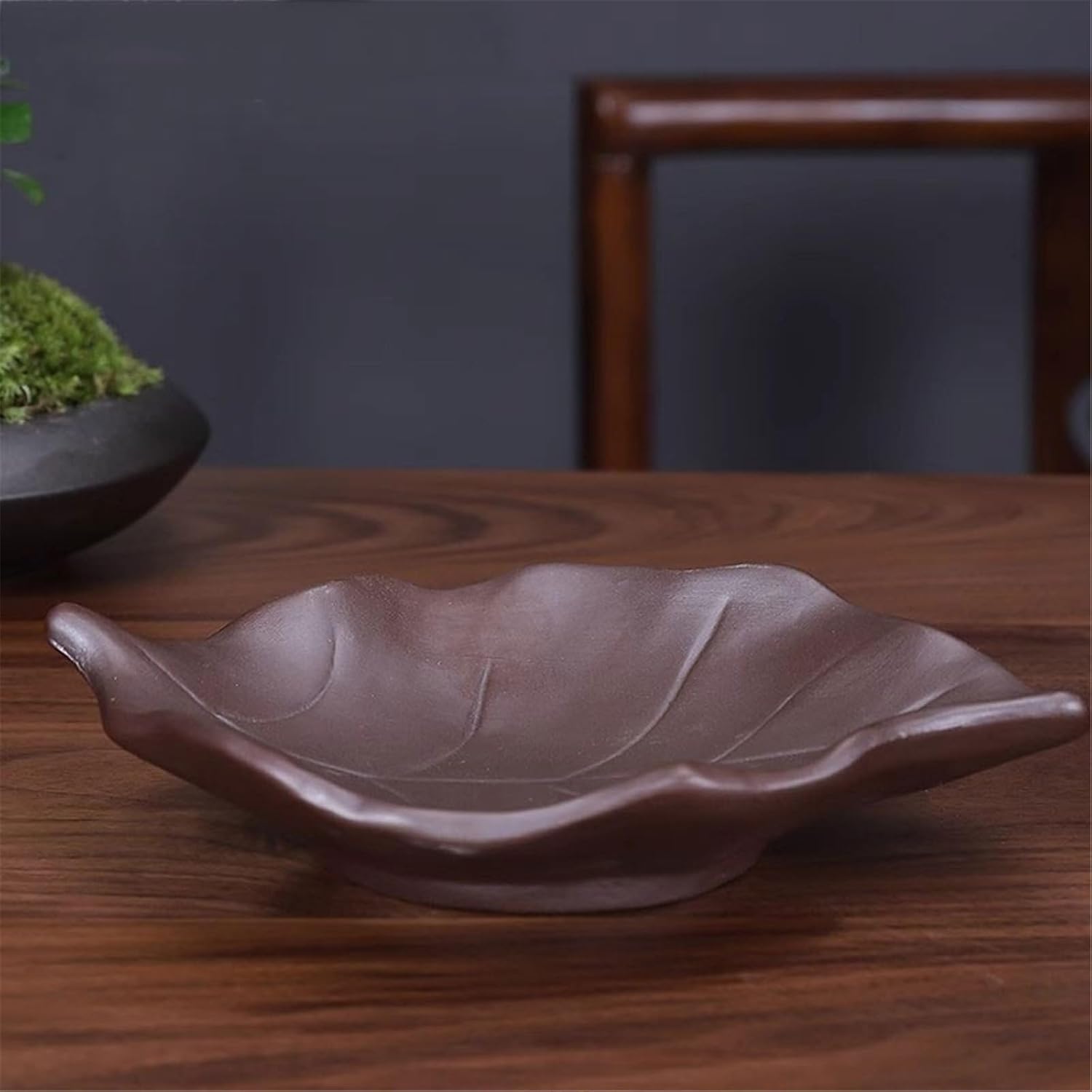 Ikebana Vase Desktop Purple Clay Floral Arrangement Saucer Leaf Shaped Ceramic Planter Tray Flower Arrangement Pot