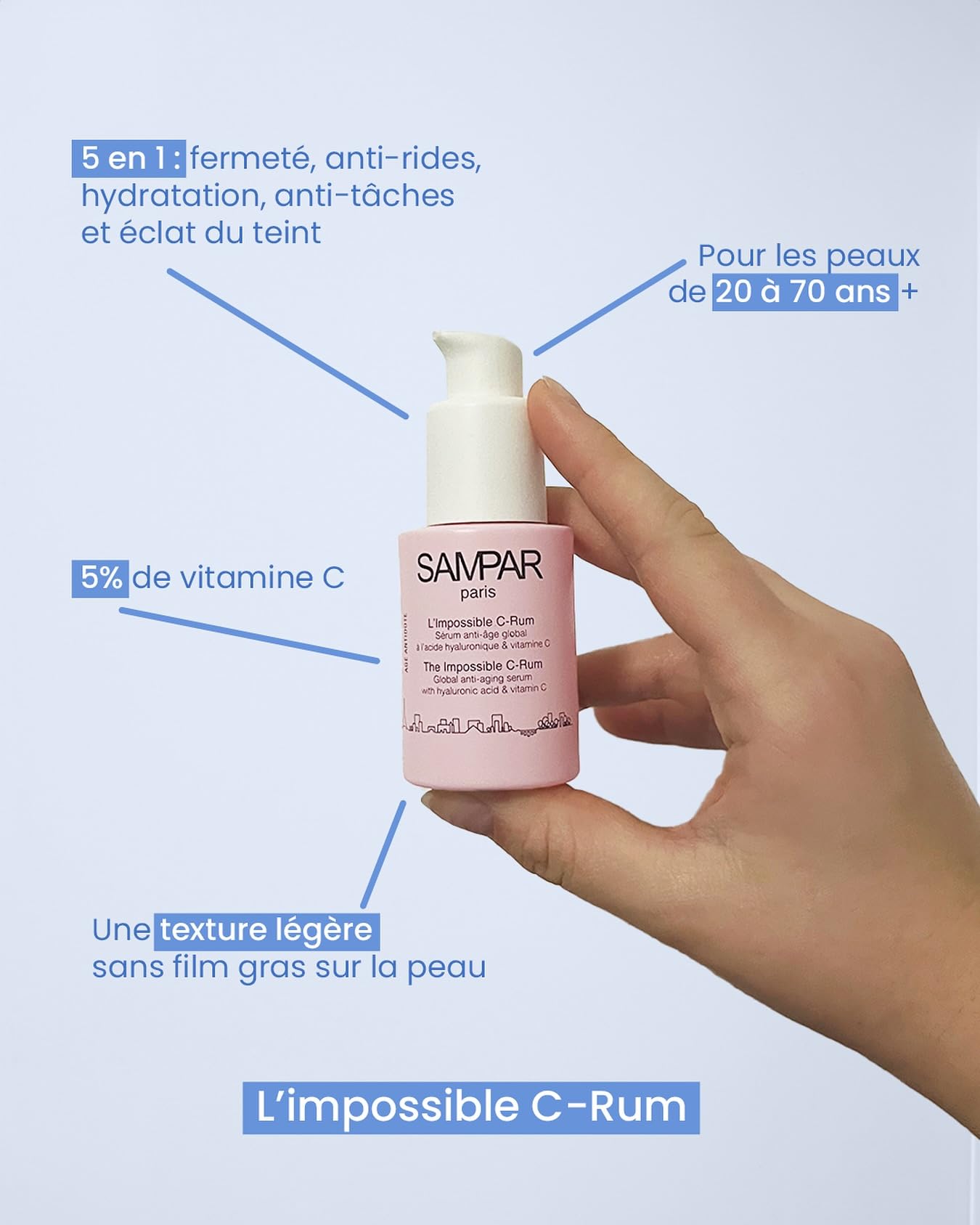 Sampar - L’Impossible C-Rum - Anti-rides + Anti-taches + Hydratation + Fermeté + Éclat du teint - Concentre 5 Actions Anti-âge - Flacon 30 ml
