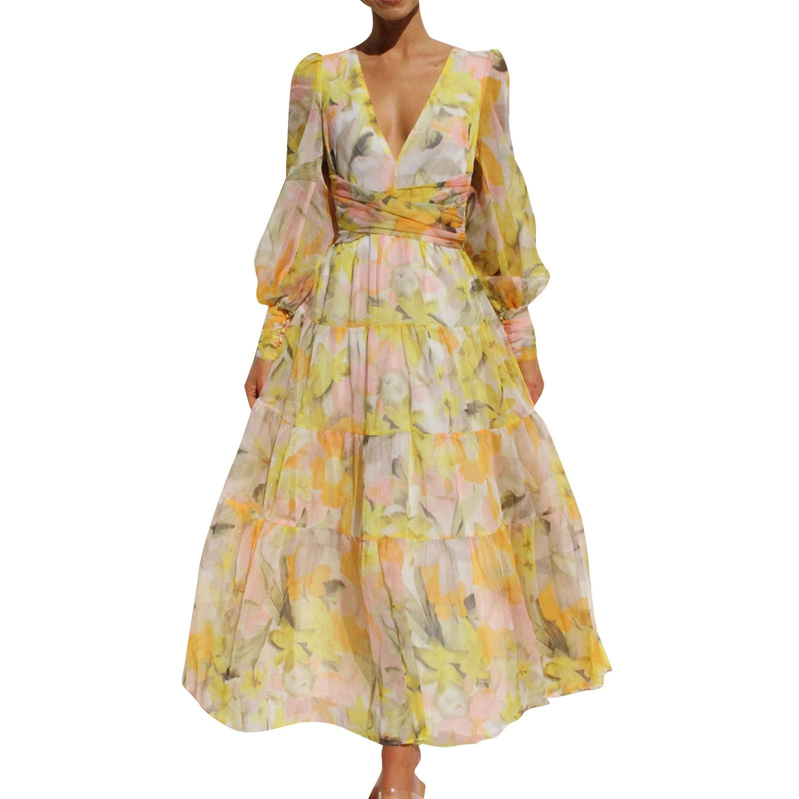 Generic Vestidos De Fiesta Mujer Elegantes Talla Grande Vestido de Sol de Manga Larga con Cuello en V Estampado de Ocio de Primavera y Verano de Mujer 2023 Vestidos Noche