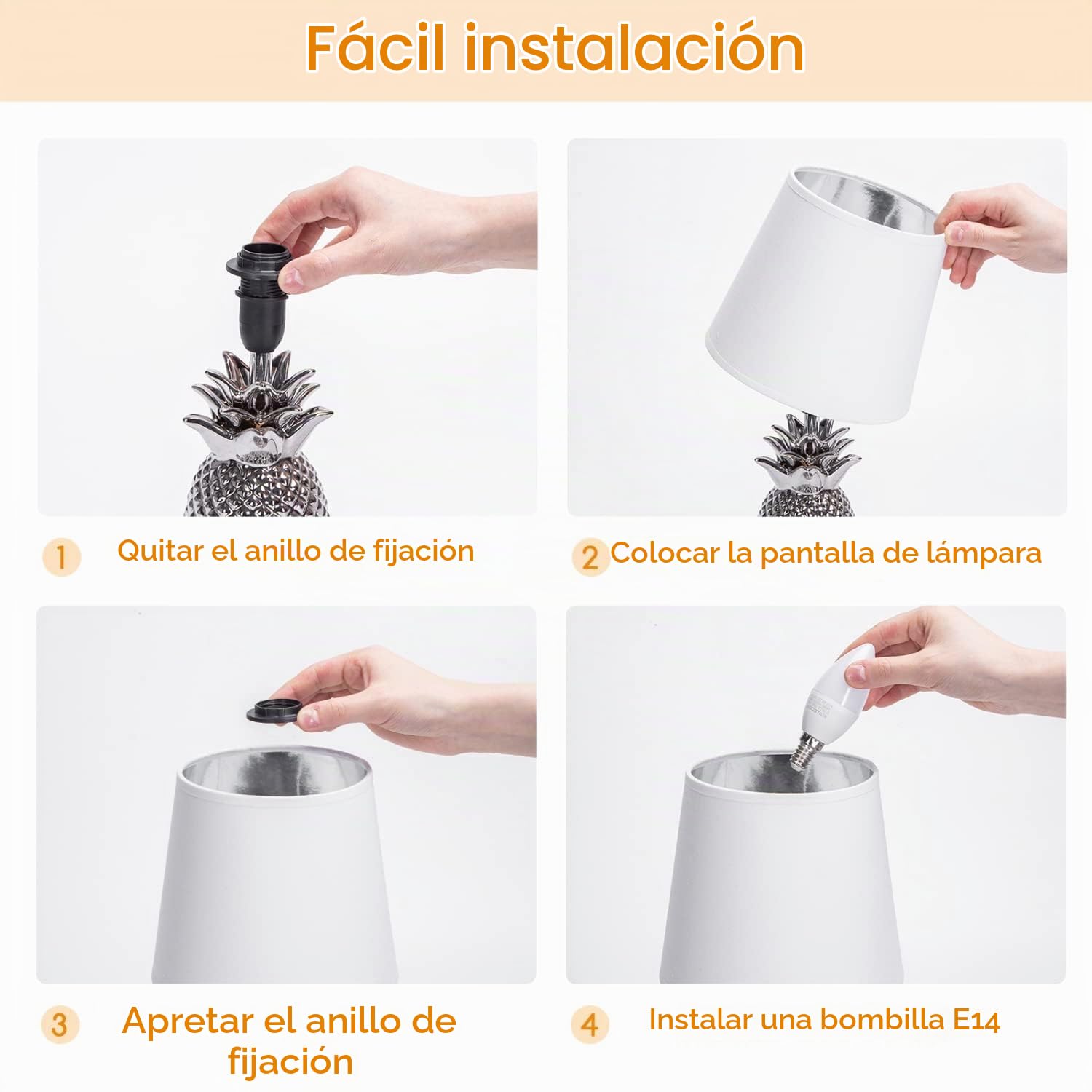 Aigostar 197209 - Lámpara de Cerámica, casquillo E14. Forma de piña, Plateado. Lámpara de Mesa o Mesita de Noche, Pantalla de Tela, Lámpara Escritorio Diseño moderno para Dormitorio, Estudio, Salón