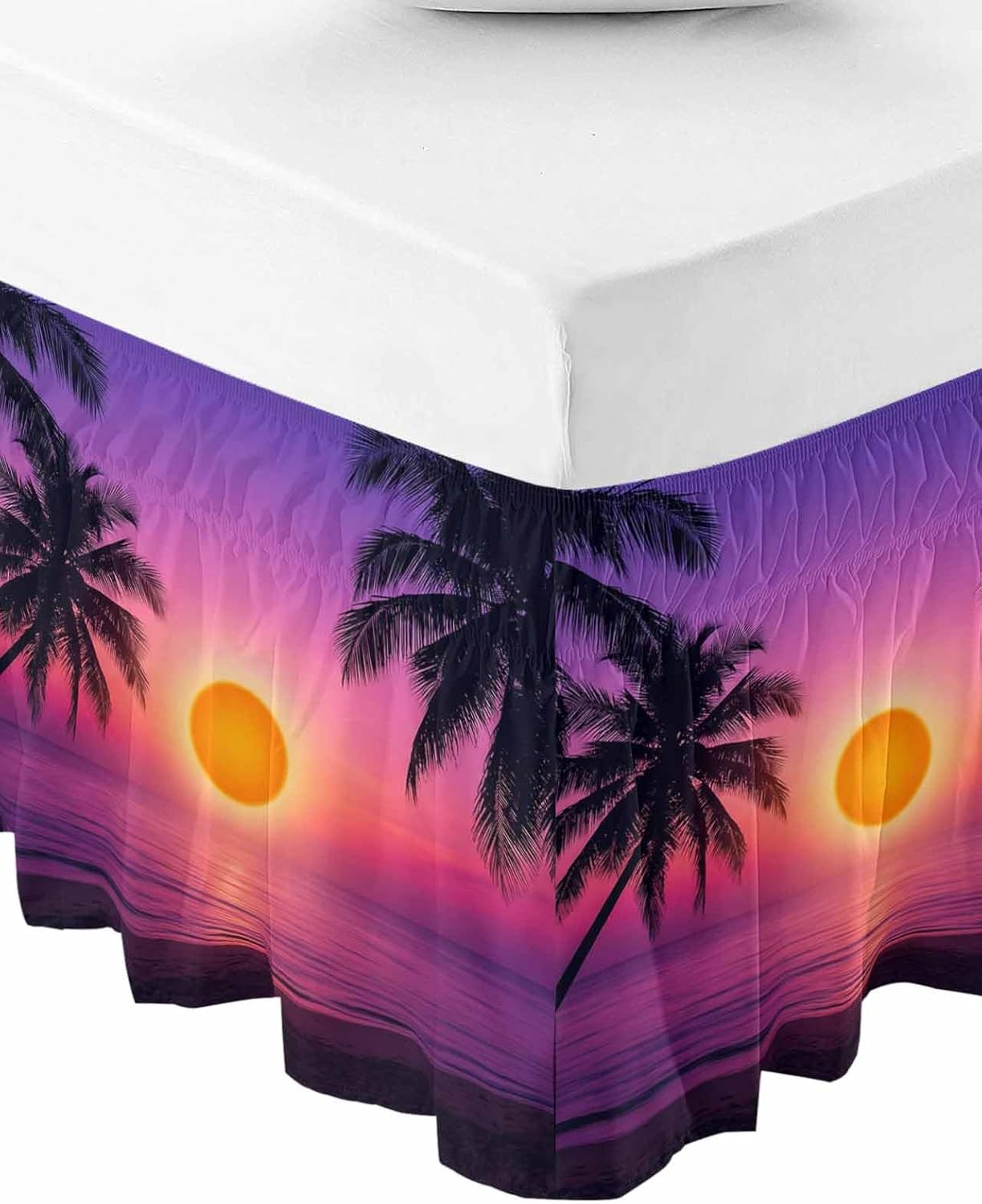 Purple Orange Beach Bed Skirt Full/Queen Size Bed Skirting 18 Inch Drop Adjustable Elastic Dust Ruffles Wrap Around Bedskirt Ocean Coastal Summer Tropical Coconut Tree Palm Bedding Frame Cover for