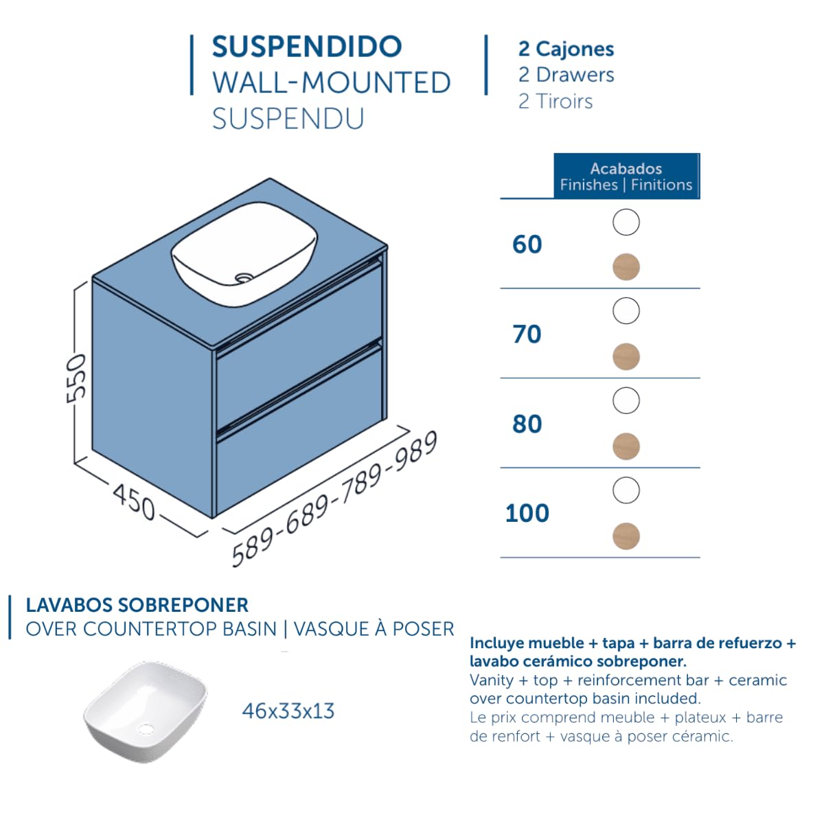 Mueble de Baño Suspendido con Lavabo Sobreponer Cerámico |Mueble Volado 2 Cajones Con Tirador | 60 cm Roble Natural Tirador Negro