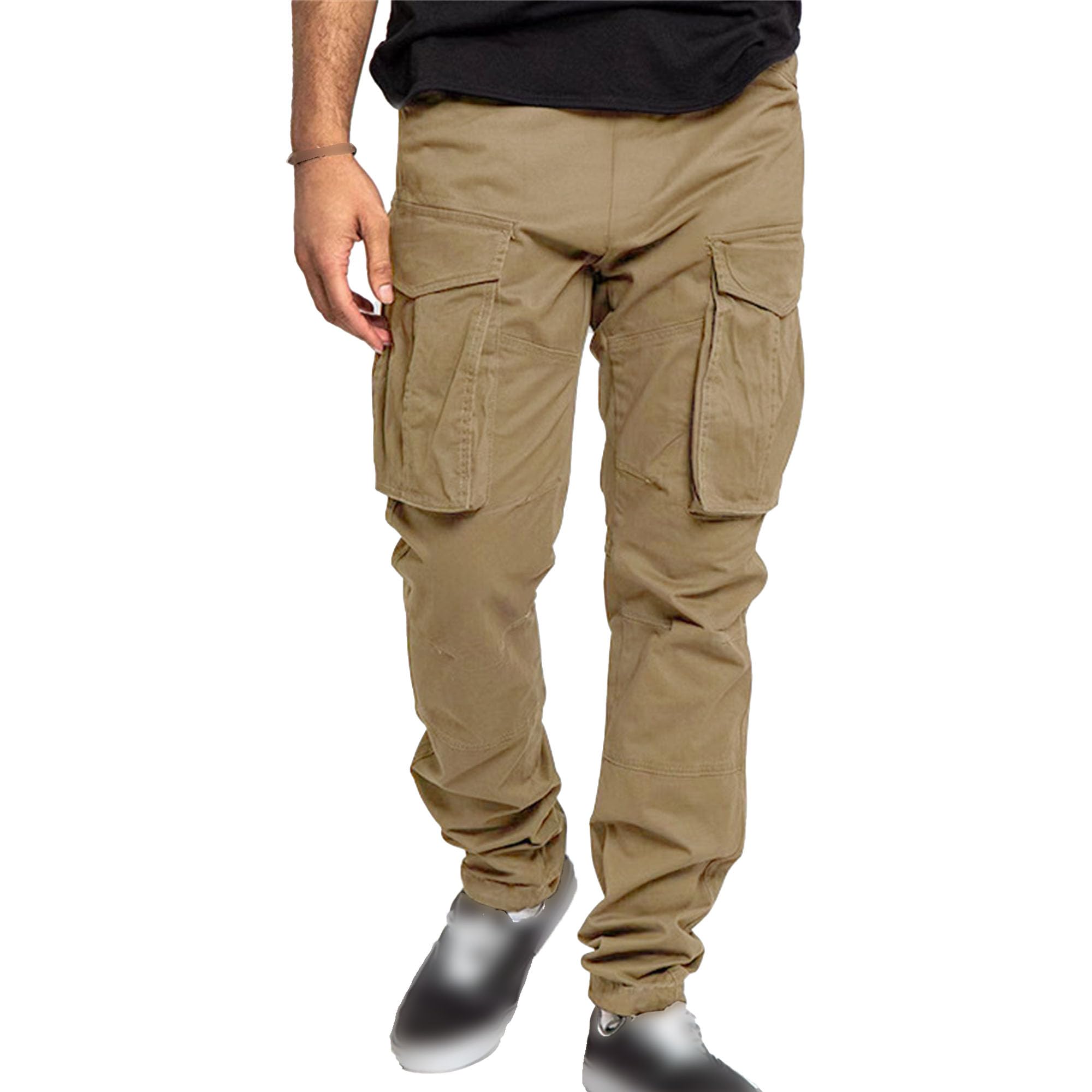 Men's Relaxed Fit Workout Cargo Pants Casual Outdoor Hiking Pant Multi Pockets Straight-Fit Jogger Streetwear Trousers (Khaki,Medium)