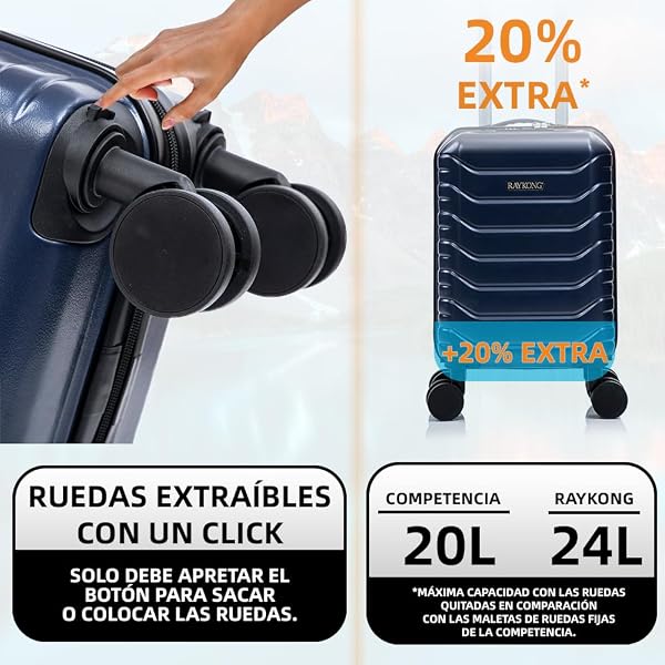 RAYKONG Maleta de Cabina ABS 40x30x20(24L)|Capacidad Maxima| Equipaje de Mano con Ruedas Desmontables para Ryanair | Vueling | EasyJet - AzulMarino - 2