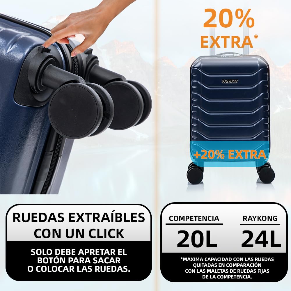 RAYKONG Maleta de Cabina ABS 40x30x20(24L)|Capacidad Maxima| Equipaje de Mano con Ruedas Desmontables para Ryanair | Vueling | EasyJet - AzulMarino - 2