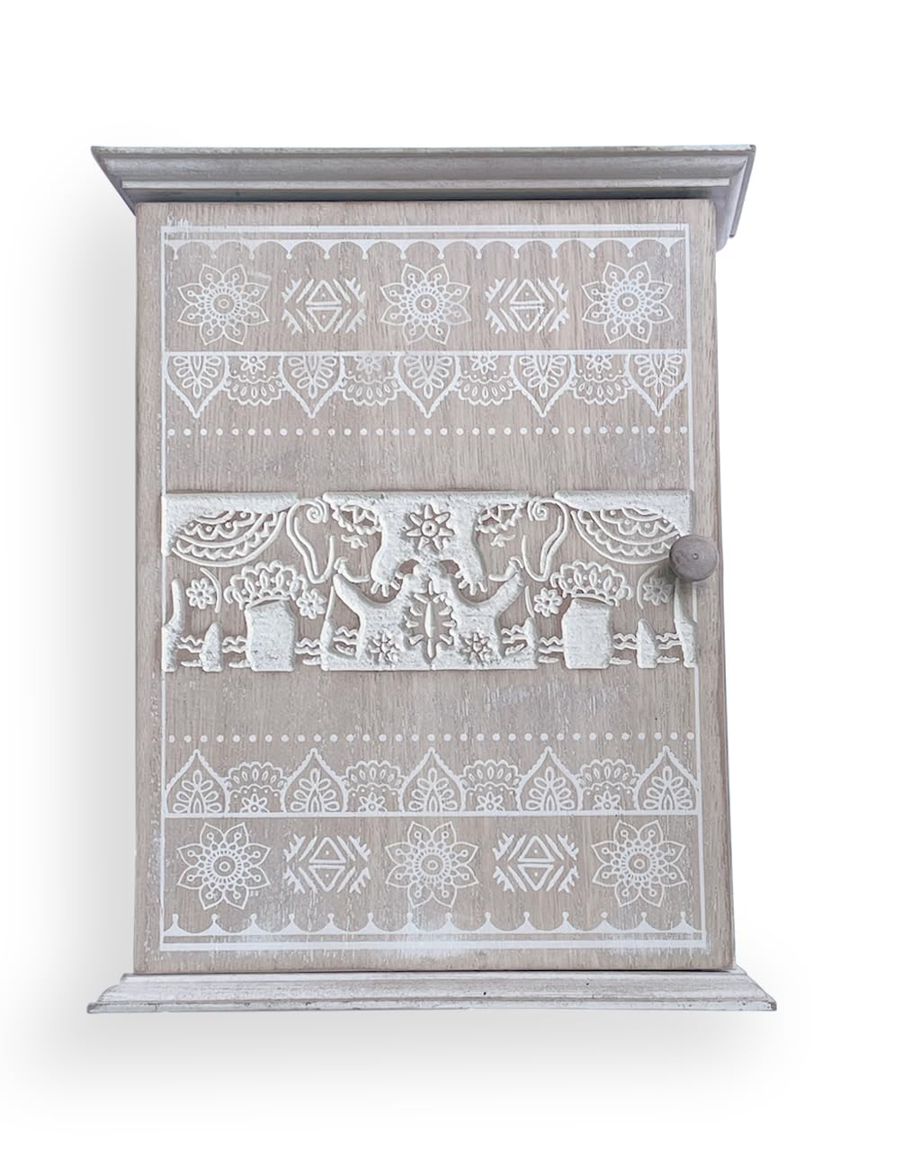 GreyZouq Wooden Key Cabinet Wall Mounted Cupboard. Keyhole shaped window design or elephant carving. Perfect Organiser for Keys. Magnetic Door Closure and Six Hooks (Natural Elephant)