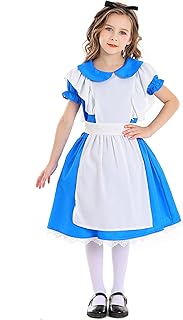 Girls Alice Costume Kid Halloween Costume Peter Pan Collar Blue Dress Princess Cosplay with White Apron Socks Hairband KF004XL