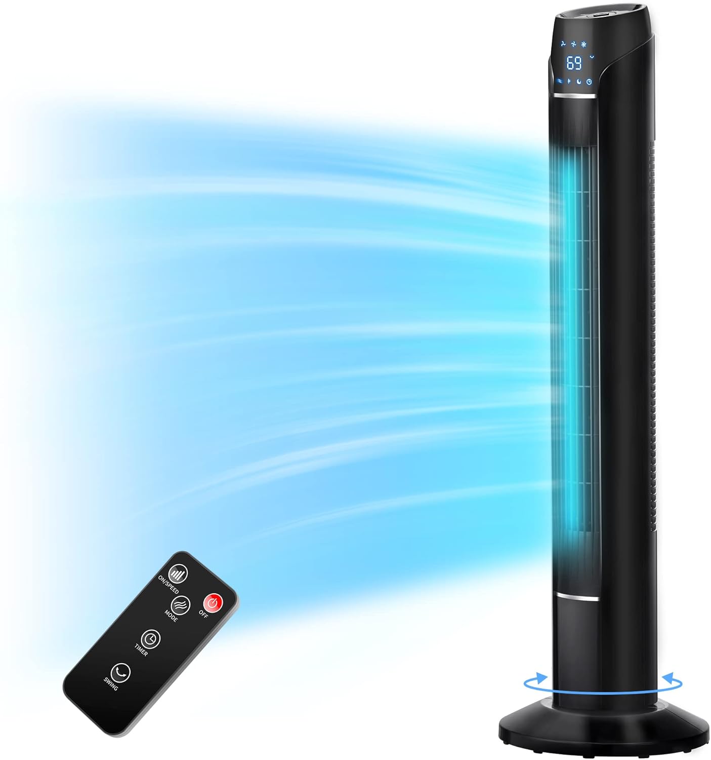 Uthfy Tower Fan for Bedroom, 80°Oscillating fan, Bladeless with 3 Speeds, Modes,15H Timer, 36 Inch Floor Standing Remote, Quiet Cooling Fan, Electric Home Room Office, Black Black Fan with Button Panel